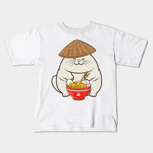 Funny fat cat is eating noodles Kids T-Shirt